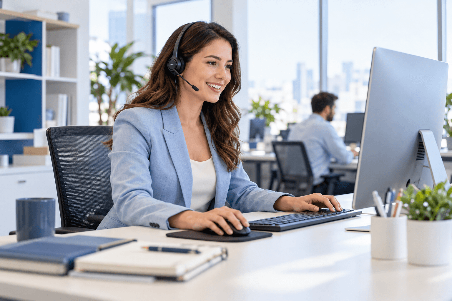 Customer support professional using a headset at a computer