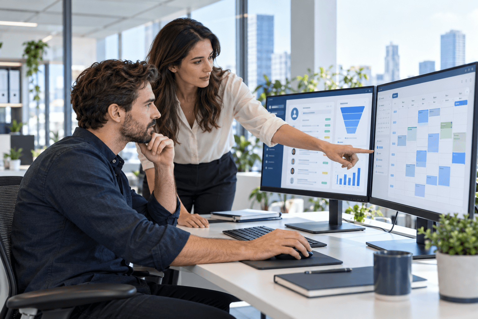 Specialists reviewing data across connected business systems