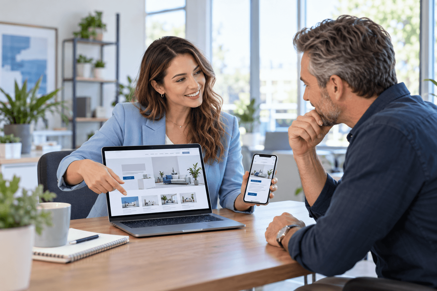 Two people reviewing a website design on a laptop