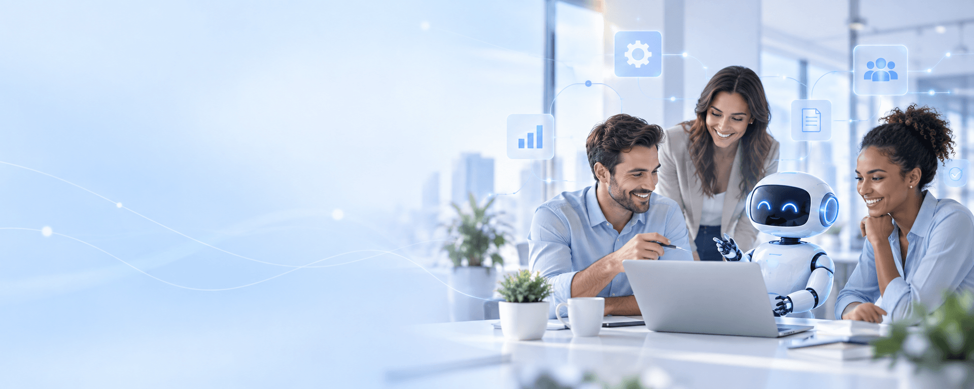 A business team collaborating with an AI assistant