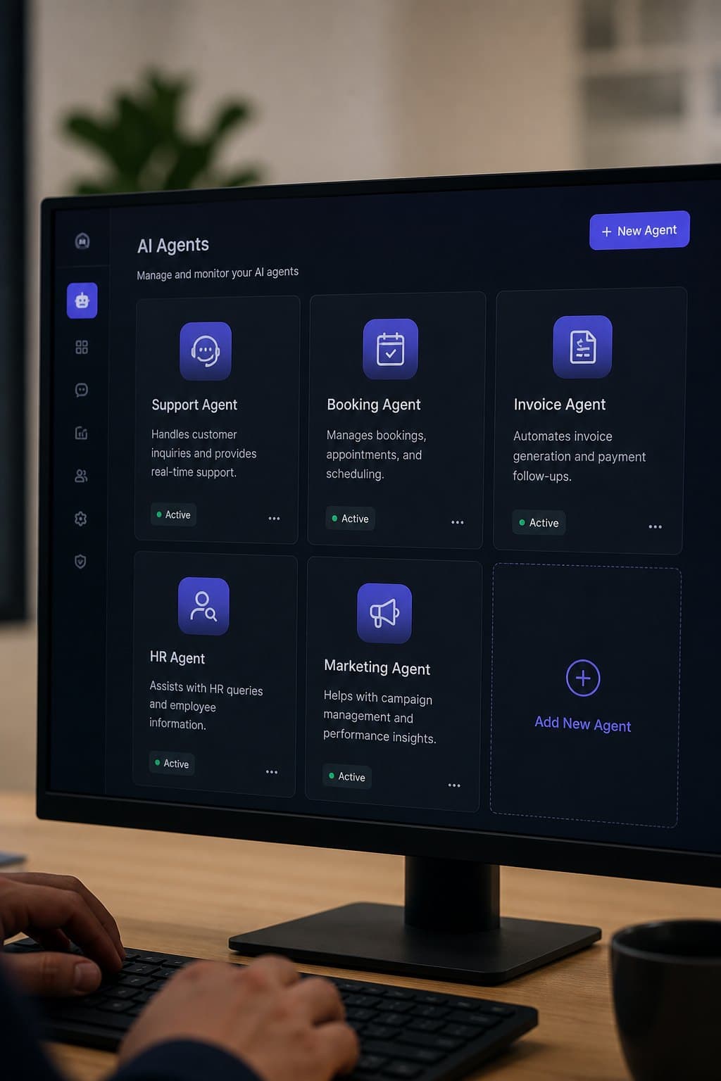 AI Agents dashboard with a New Agent button to add more workflows