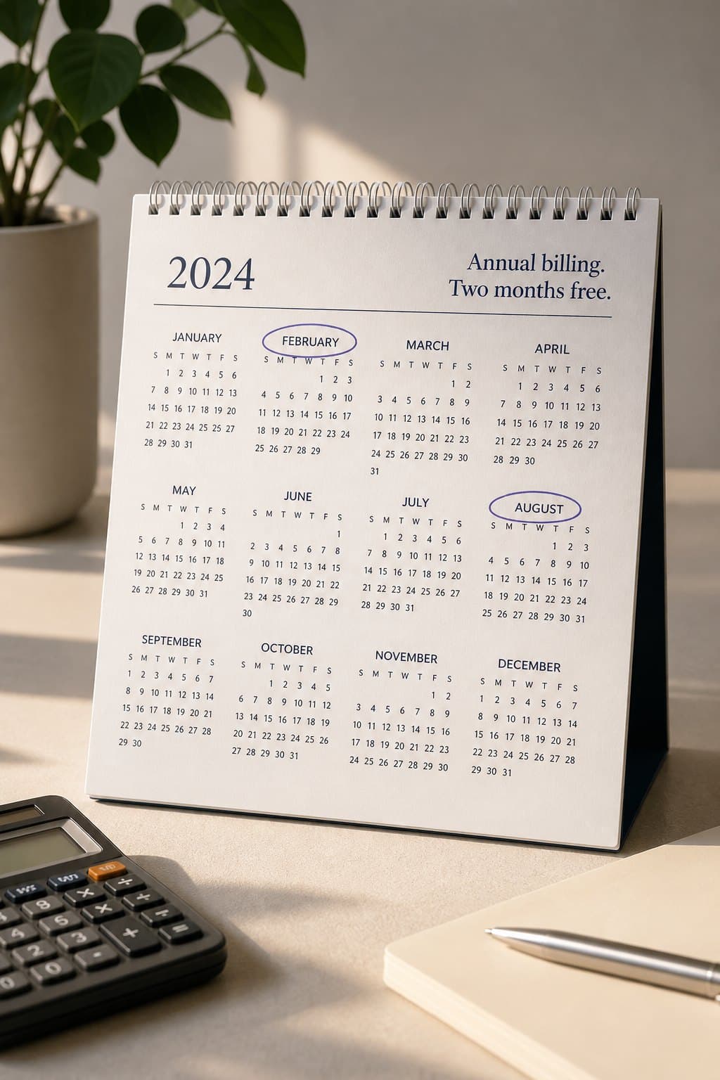 Year calendar marked for annual billing — two months free