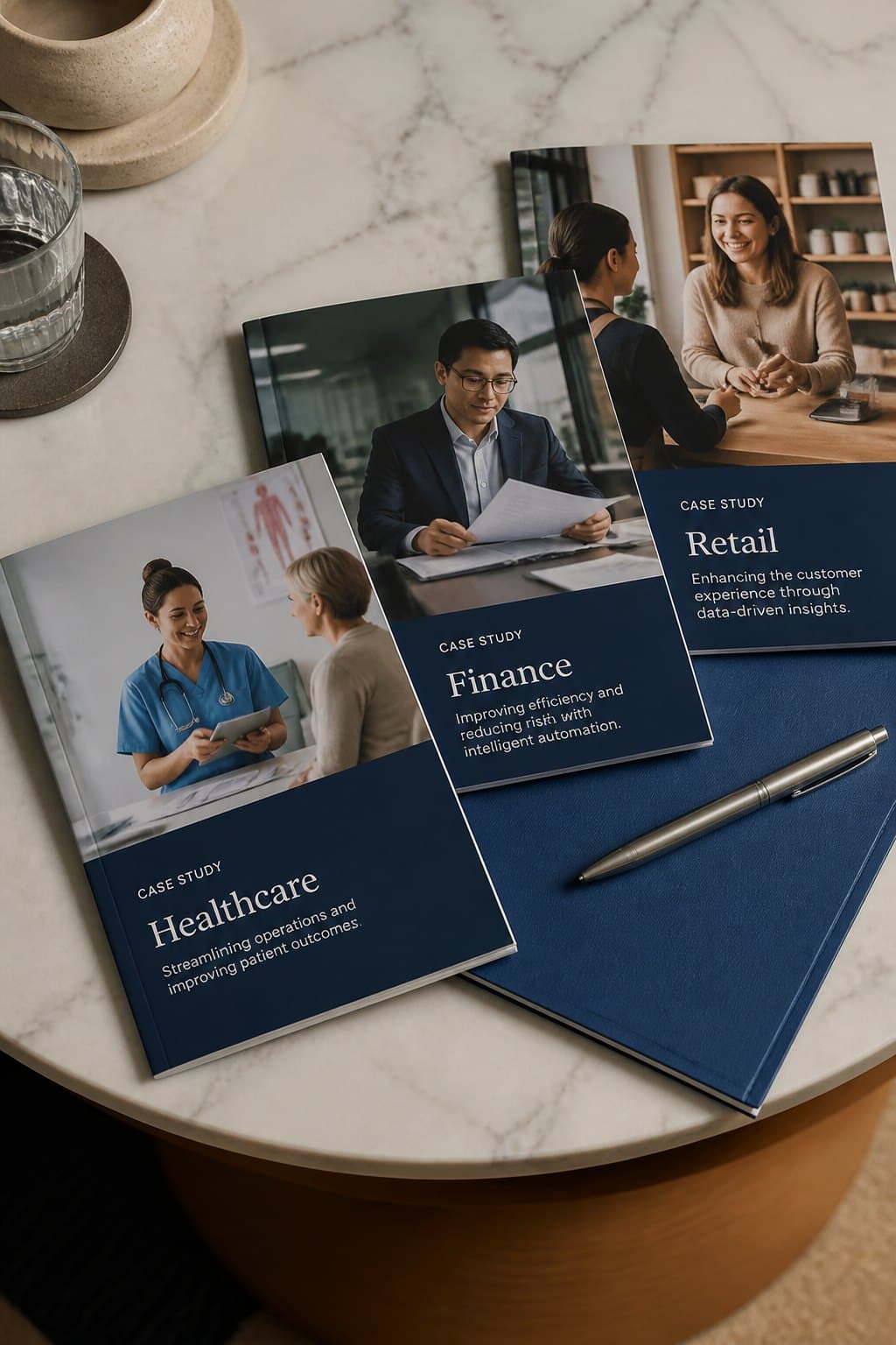 Printed case studies for healthcare, finance, and retail