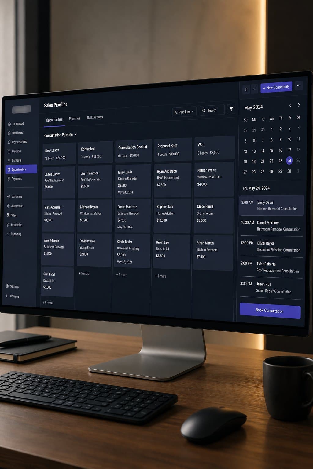 GoHighLevel pipeline and booking calendar on a desktop monitor