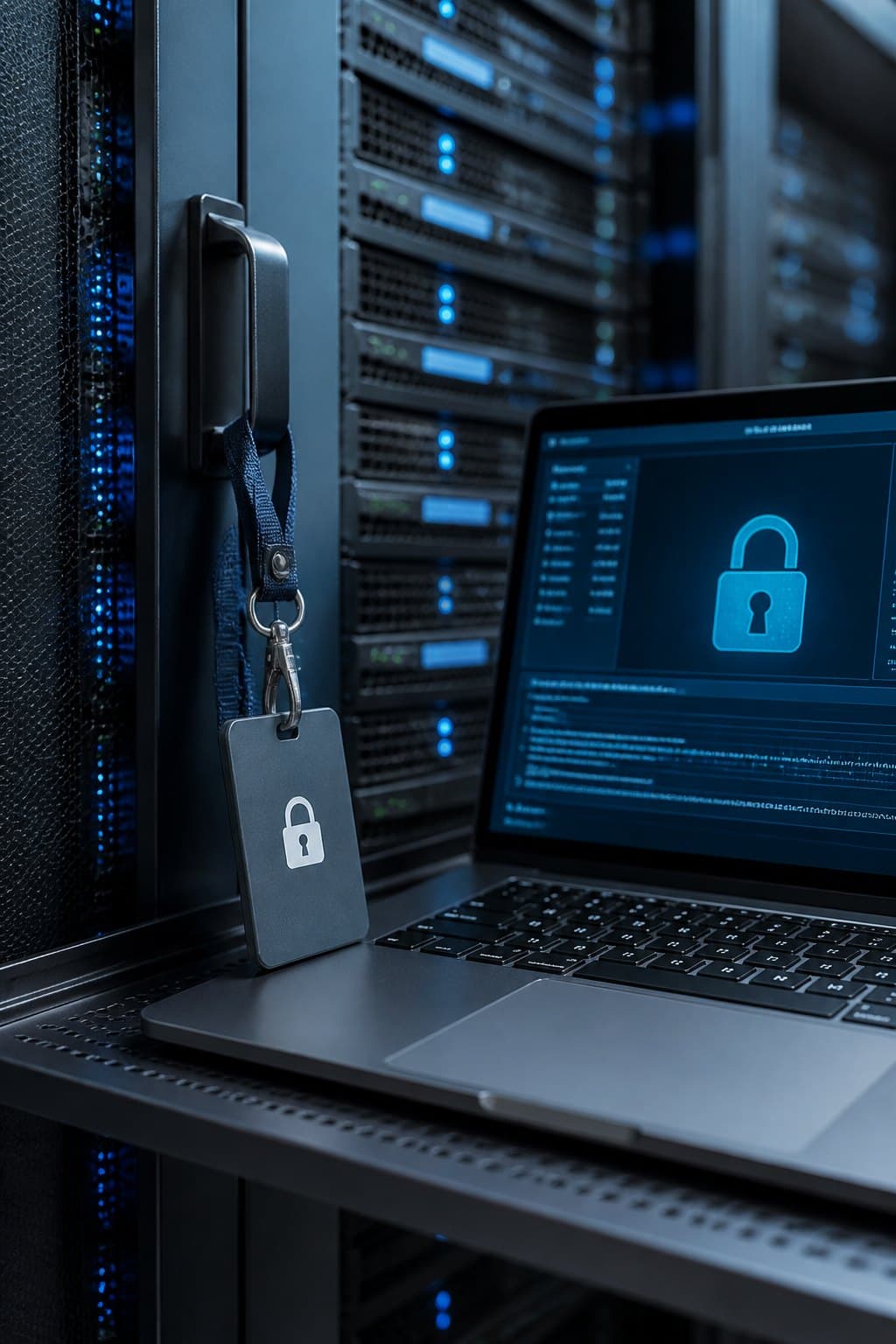Locked laptop and access badge in a secure server room