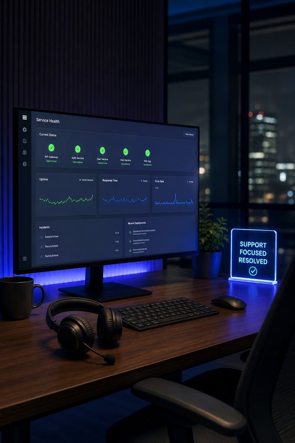 Service-health dashboard and headset for ongoing post-launch support