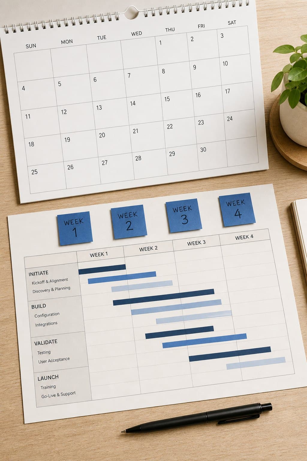 Four-week implementation calendar and Gantt plan on a desk